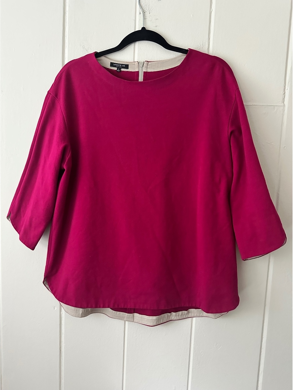 Lafayette 148 NY Fuchsia Pink Boatneck Blouse Exposed Back Zip 3/4 Sleeve Large